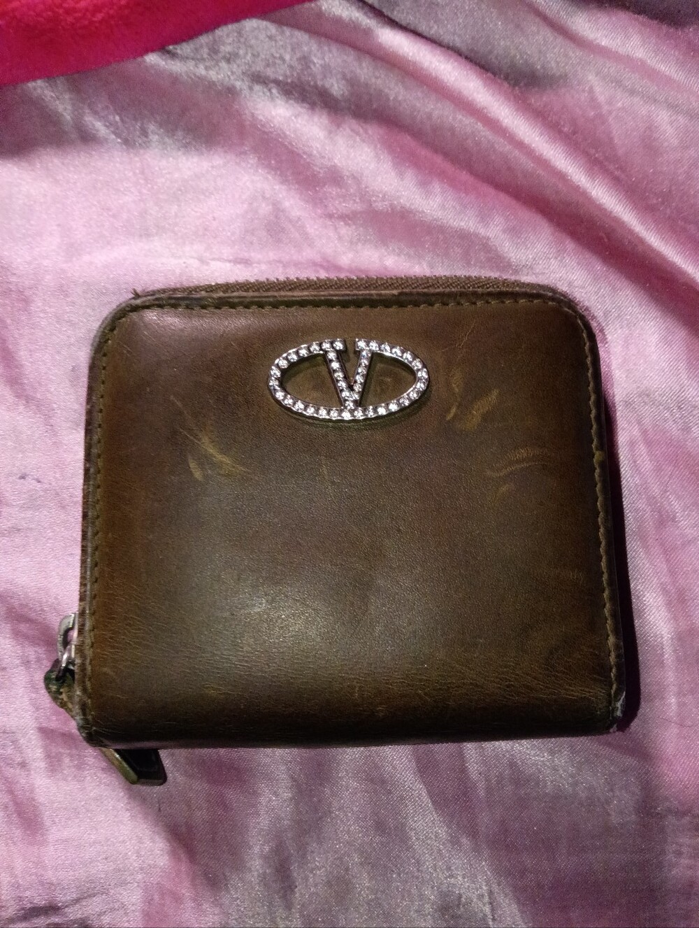 Authentic Valentino Garavani Brown Leather Zip Card Holder with Crystal V Emblem